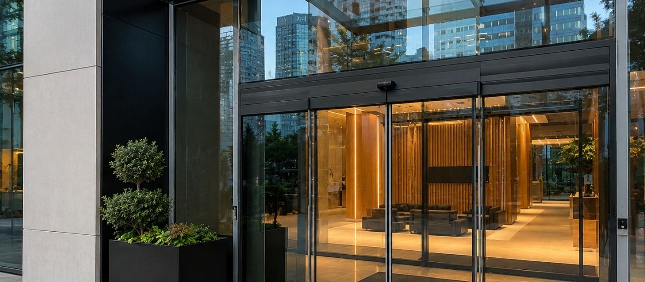 Modern Commercial Building Entrance with Automatic Doors